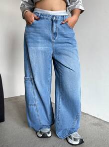 SHEIN EZwear 大码休闲风格直筒蓝色牛仔裤 - 藍色 - 查看 5