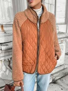 SHEIN LUNE Khaki Women Casual Fluffy Splice Pockets Jacket Basic Outerwear For Autumn/Winter