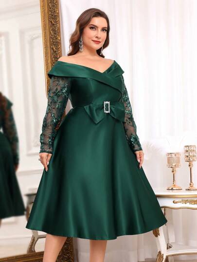 SHEIN Belle 加大码深绿色亮片拼布缎子和绉纱蝴蝶结点缀高低下摆优雅舞会礼服、舞会半正式礼服、生日礼服、婚礼宾客礼服、毕业典礼返校节礼服