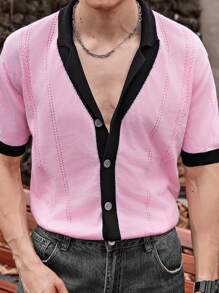 Manfinity Homme Camisa de punto de manga corta casual de hombre con colorblock y parches - Rosa - Ver 7