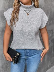 SHEIN LUNE Plus Size Women's Solid Color Mock Neck Short Sleeve Sweater, For Winter