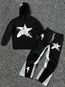 Manfinity Homme 2 件套男士秋季星星印花连帽运动衫和抽绳腰带运动裤休闲套装 - 黑與白 - 查看 1