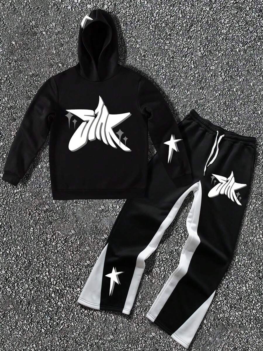 Manfinity Homme 2 件套男士秋季星星印花连帽运动衫和抽绳腰带运动裤休闲套装 - 黑與白 - 查看 1
