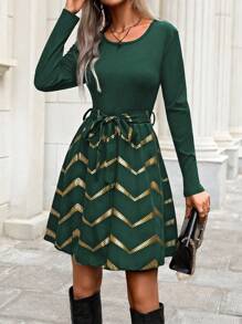 EMERY ROSE Women's Contrast Color Round Neck Long Sleeve Waist Tie Dress, Autumn Fall Cloth For Women