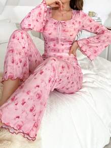 CottageSlumber Floral Print Ruched Flare Sleeve Top & Pants Sleepwear Pajama Set For Women, Fall Winter Clothes Cozy And Elegant Details