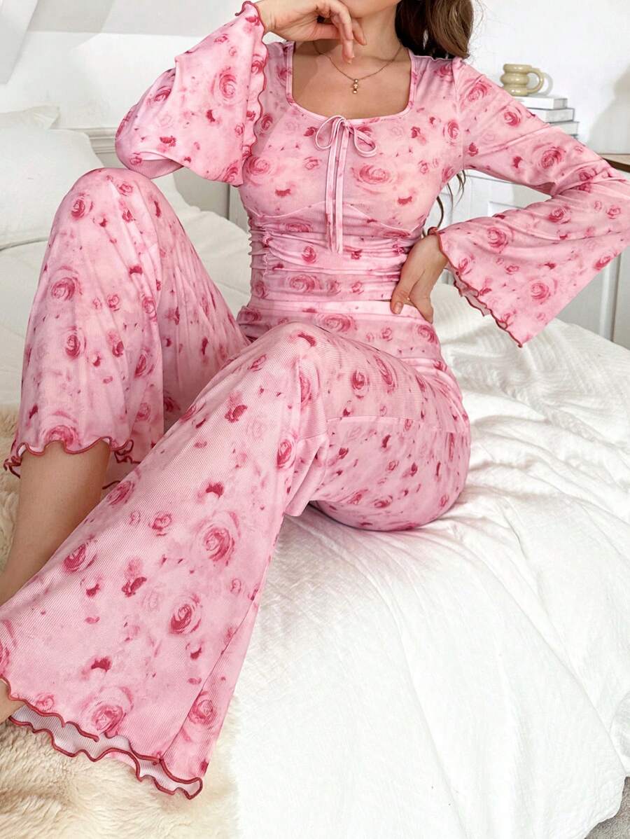 CottageSlumber Floral Print Ruched Flare Sleeve Top & Pants Sleepwear Pajama Set For Women, Fall Winter Clothes Cozy And Elegant Details