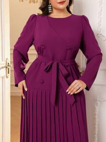 Modelyn Plus Size Elegant Solid Color Puff Sleeve Pleated Hem Dress, Autumn & Winter Long Evening Dresses