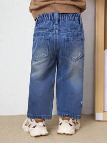 SHEIN Celana Jeans Denim Biru Model Lurus Kasual untuk Bayi Laki-laki, Motif Bintang Lucu dan Dicuci dengan Batu, Cocok untuk Pakaian Luar Ruangan Musim Gugur dan Musim Dingin - Medium Wash - View 3