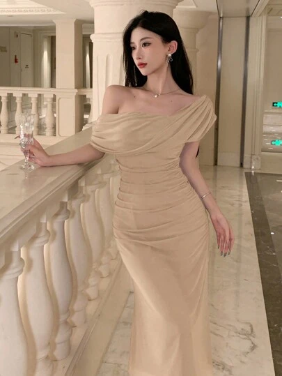 DAZY Vestido de tirantes cortos de manga corta y longitud media liso para mujer, vestido de cóctel, cumpleaños, vestido de fiesta de Año Nuevo, vestido elegante de verano, vestido para boda