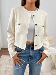 SHEIN LUNE Women 2024 Round Neck Pockets Buttoned Front Long Sleeve Jacket Fall Cloth For Women - Apricot - View 7