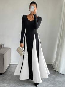 SHEIN Essnce 女装2024秋冬新款时尚V领长袖黑白拼色设计A字裙休闲时尚拼色连衣裙拼色拼接连衣裙网红博主同款风格 - 黑與白 - 查看 4