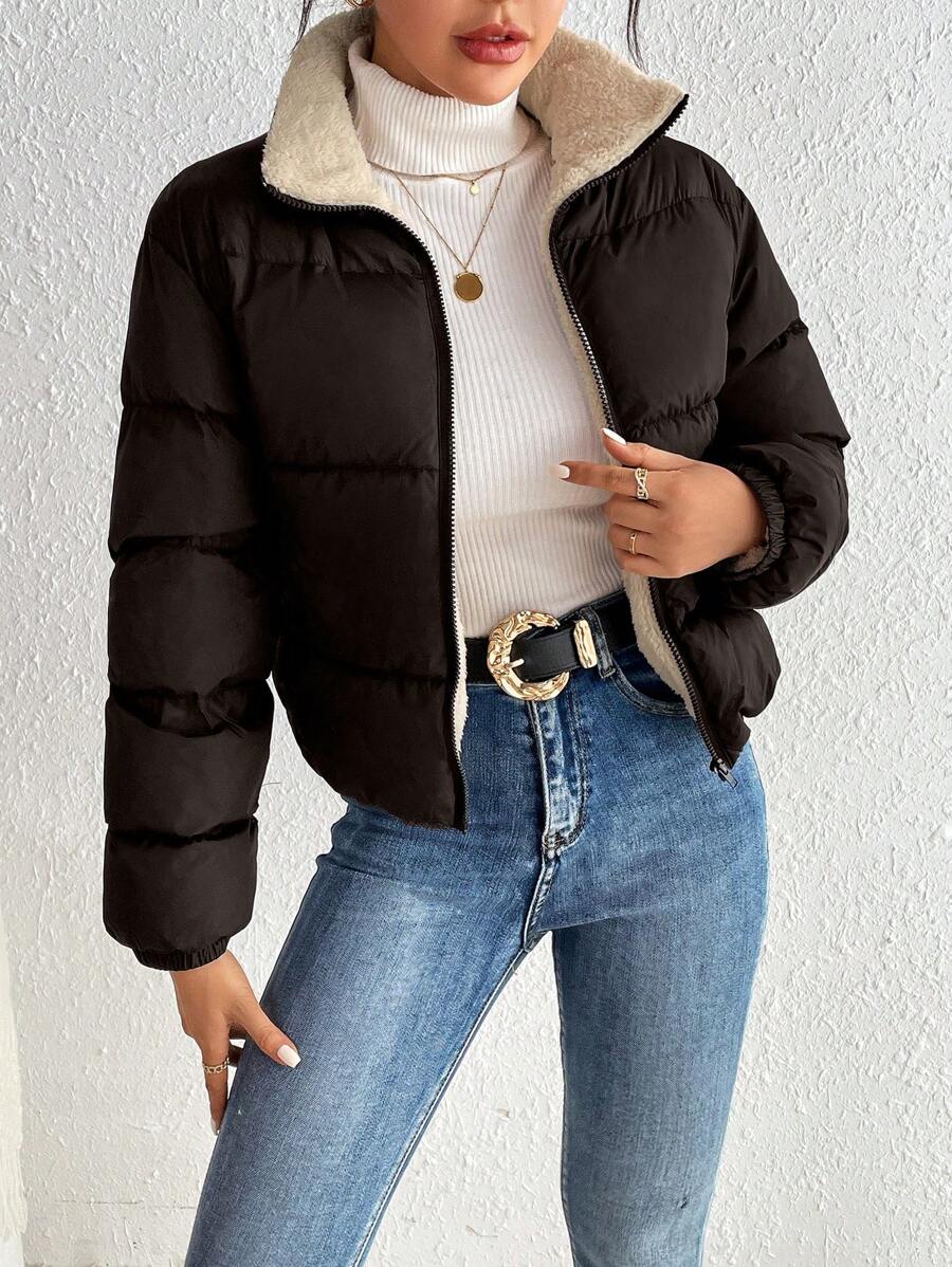 SHEIN Frenchy 女士休闲拉链领加厚外套，保暖内衬，适合冬季日常穿着 - 咖啡棕 - 查看 1