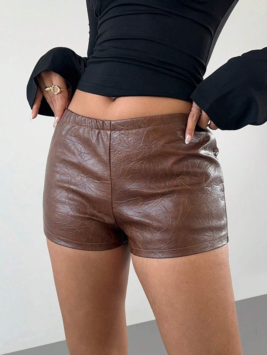 Aloruh Quần short da PU họa tiết cạp thấp phong cách Mỹ cổ điển gợi cảm thời trang cho nữ - màu nâu - Xem 1