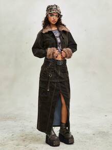 ROMWE Grunge Punk 女式做旧洗水可拆卸百搭长款牛仔裙 - 綠色 - 查看 5