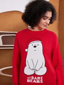 We Bare Bears X SHEIN 女士冬季，红色圣诞毛衣，圣诞帽，熊图案，可爱图案，丑毛衣，日常，休闲，圣诞节 - 紅色 - 查看 5