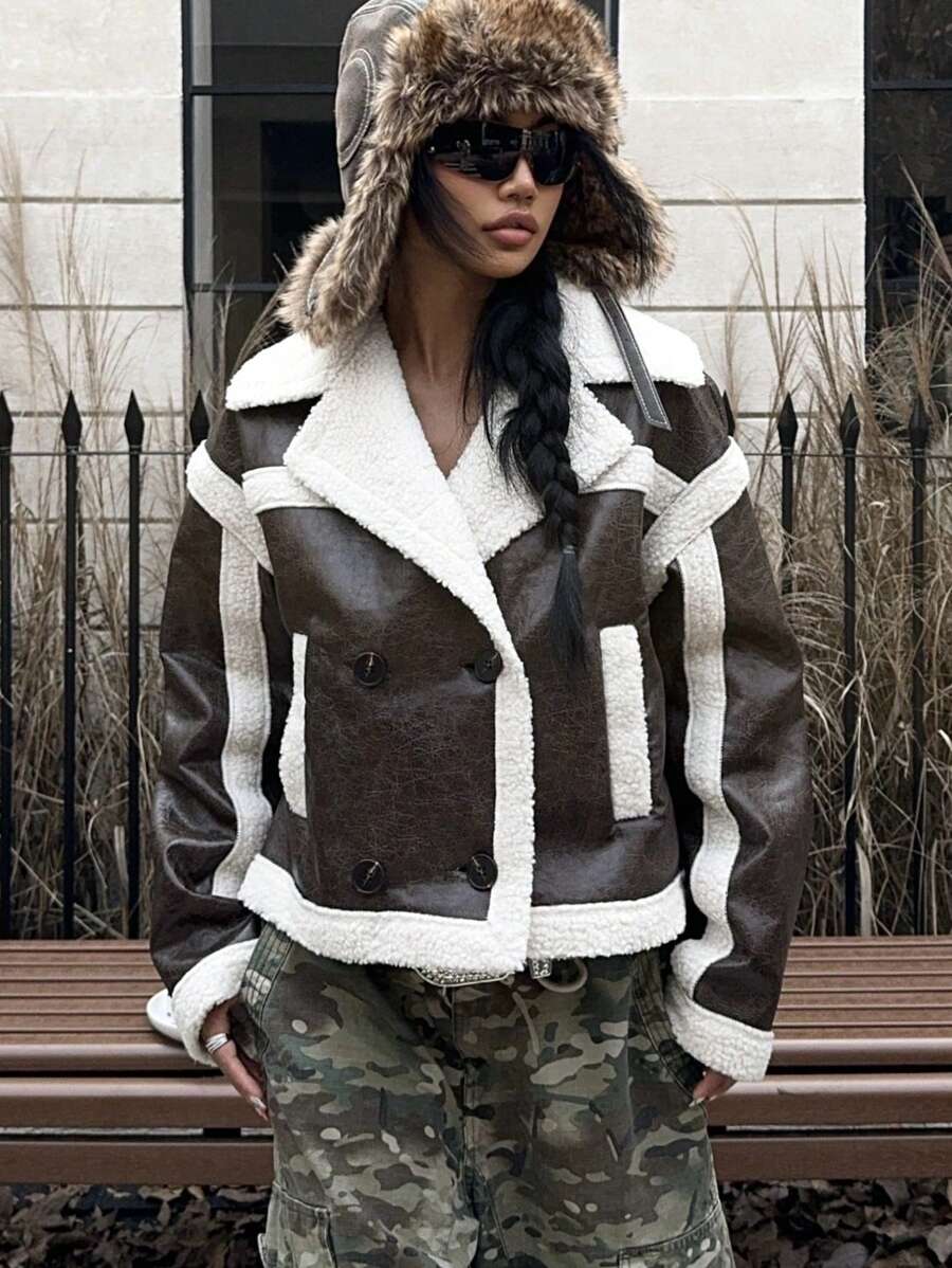 SHEIN EZwear Colorblock Fluffy Lined Women Double Breasted Winter Jacket - Mocha Brown - View 1