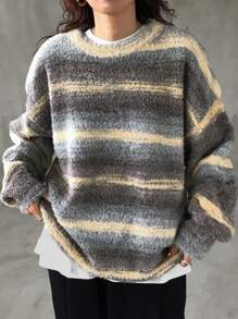 FRIFUL Damen lässiger, locker sitzender Strickpullover mit Kontrastfarbe und Drop-Shoulder für Herbst/Winter