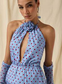 COSMINA Dames Vintage Stijl Polka Dot 3D Bloemen Decor Halter Hals Mini Jurk