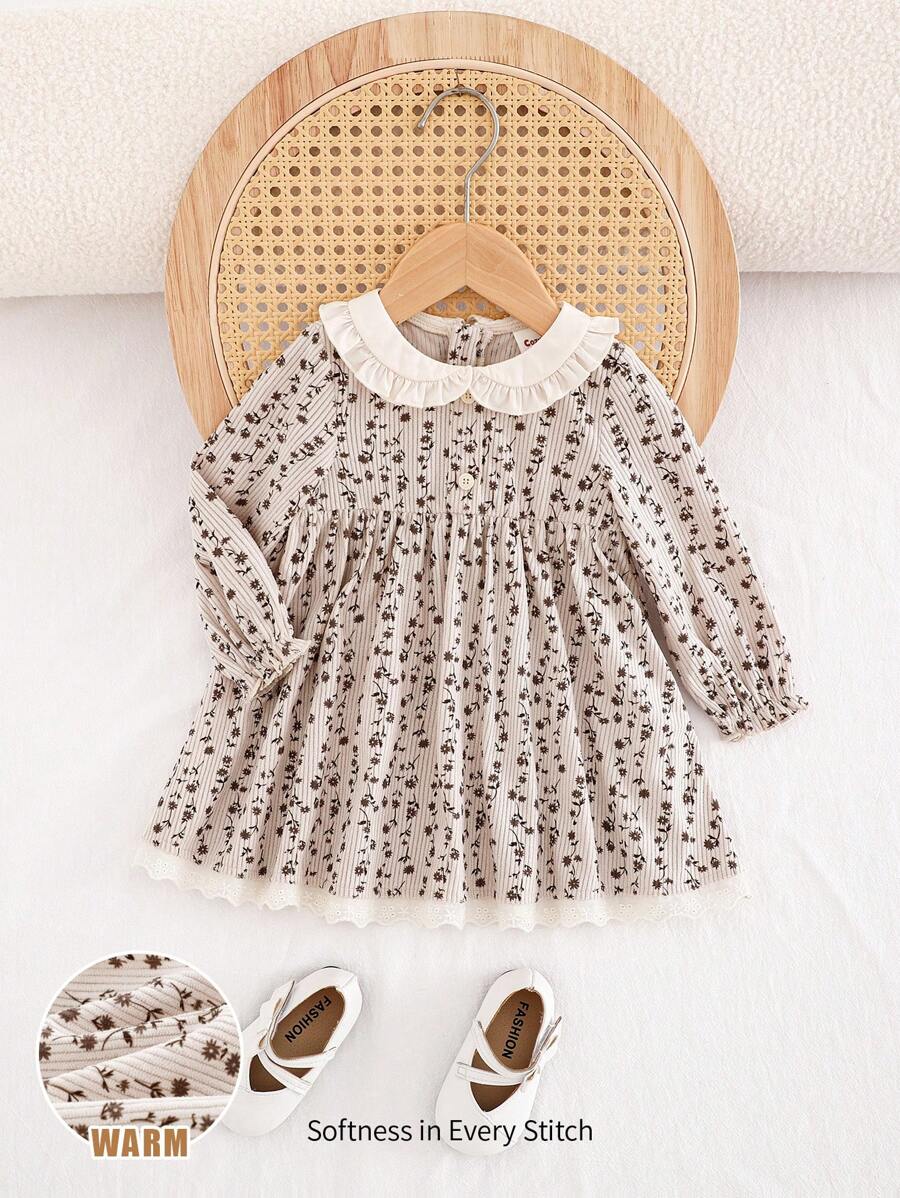 Cozy Pixies Robe pour bébé fille à manches bouffantes avec blocs de couleurs floral et taille cintrée - Nude - Voir 1