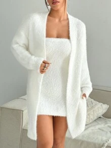 SHEIN Unity Bộ 2 váy liền thân bồng bềnh màu trơn thanh lịch và áo len cardigan, mùa thu - trắng - Xem 6