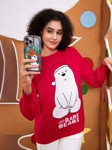 We Bare Bears X SHEIN 女士冬季，红色圣诞毛衣，圣诞帽，熊图案，可爱图案，丑毛衣，日常，休闲，圣诞节 - 紅色 - 查看 3