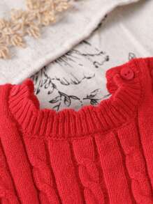 女婴针织毛衣爬行服，圆领，短袖，蕾丝领，提花，纽扣闭合，黑色条纹，白色蝴蝶结，舒适时尚，适合日常、外出、旅行、度假、居家、日托、学校 - 紅色 - 查看 5