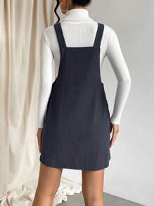 SHEIN EZwear 绿色连衣裙纯色口袋贴布连体连衣裙（不含毛衣） - 深灰色 - 查看 2