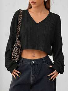SHEIN EZwear Áo len ngắn cổ chữ V màu đen thoải mái và giản dị dành cho nữ - màu đen - Xem 3