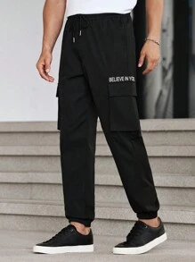 Manfinity Homme Men's Solid Color Front Lace-Up & Letter Print Pocket Casual Long Pants'