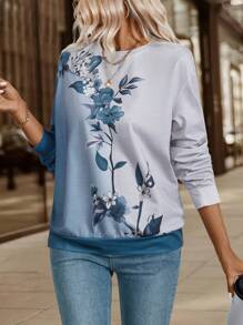 SHEIN Clasi Áo nỉ dài tay cổ tròn in hoa cỡ lớn thường ngày cho nữ, mùa thu/đông - Xanh và trắng - Xem 5