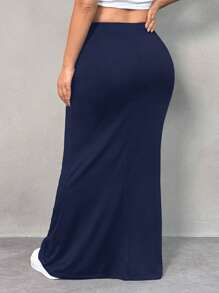 SHEIN SXY 大码纯色性感紧身长裙 - 藏蓝色 - 查看 2