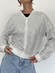 SHEIN Essnce Sequin Embellished Bomber Jacket, Shiny Party Jacket, Silver Color