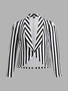 SHEIN Clasi Plus Size Women's Black And White Striped Jacket, Elegant Business Casual Wear For Fall & Winter