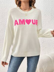 SHEIN Frenchy Suéter de estilo casual con diseño de letra y corazón de hombro caído