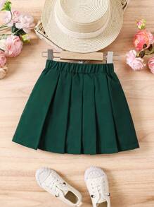 SHEIN 少女百褶迷你裙，休闲百搭美式学院风字母拼接，适合夏季、秋季、上学、返校、日常穿着，可与姐妹/团队穿着搭配 - 墨綠色 - 查看 2