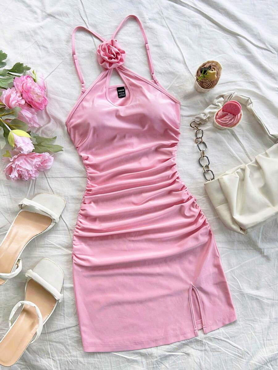 Soleia 女士度假花卉装饰露背系带修身连衣裙，弹性面料，适合海滩、婚礼、节日、夏季 - 粉色 - 查看 1