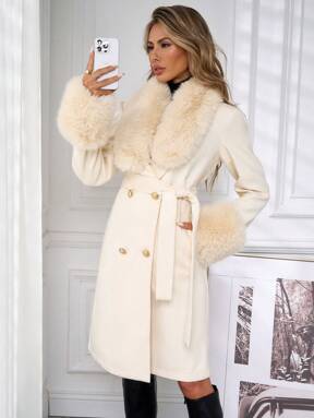 Lavishia 1 pezzo Cappotto lungo donna elegante doppiopetto a maniche lunghe con colletto di pelliccia, adatto per autunno/inverno