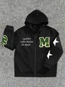 Manfinity Campus Court 男士休闲标语印花拉链前抽绳连帽运动衫，秋冬 - 黑色 - 查看 1