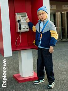 SHEIN Tween 男童时尚休闲拼色字母刺绣羊毛夹克，适合户外穿着 - 彩色 - 查看 10