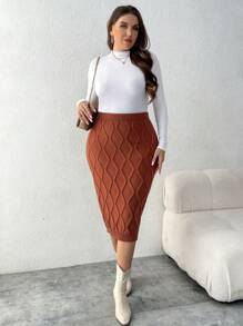 SHEIN Clasi Plus Size Women Solid Color Ribbed Knit Bodycon Skirt Set, Autumn/Winter