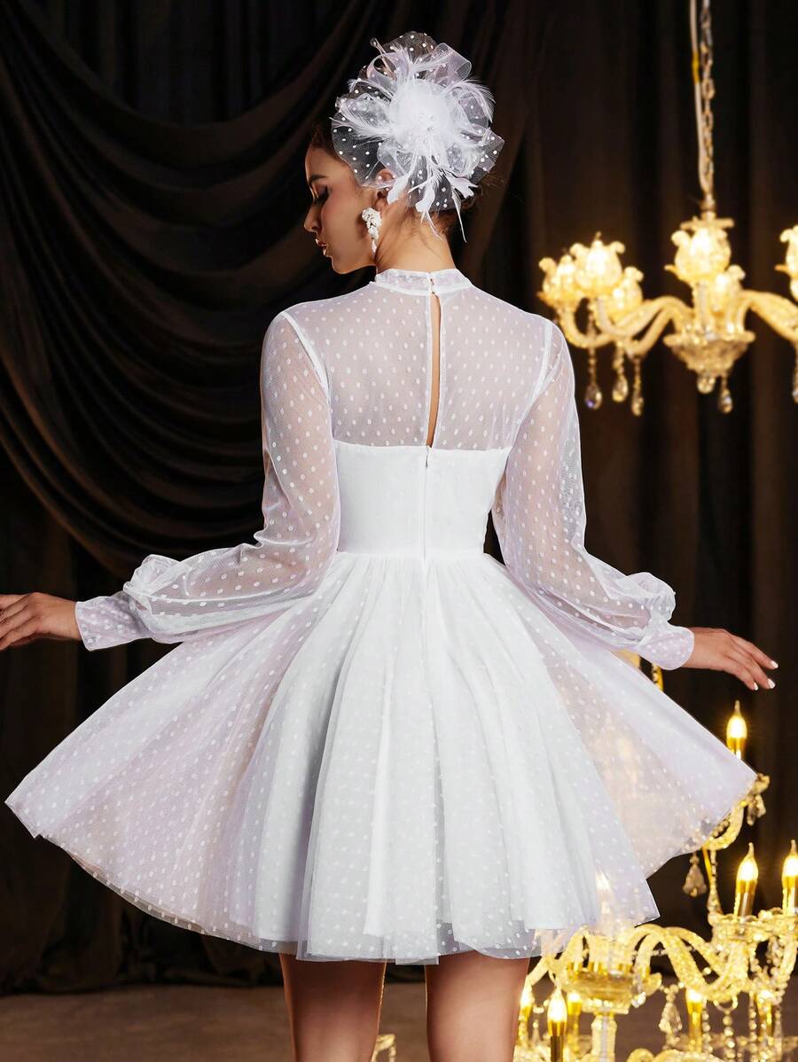 SHEIN Belle Elegant Luxurious Ivory Polka Dot Sheer Long Sleeve Ruched