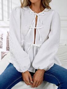 SHEIN Clasi 女式休闲长袖衬衫，带结饰和荷叶边下摆，适合秋季 - 白色 - 查看 3