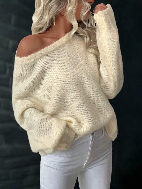 SHEIN LUNE Damen Lässig Minimalist einfarbiger gestrickter Langarm-Pullover, Herbst/Winter