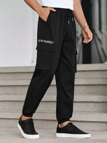 Manfinity Homme Men's Solid Color Front Lace-Up & Letter Print Pocket Casual Long Pants'