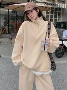 DAZY 2pcs Women Casual Minimalist Solid Color Oversized Sweatshirt & Sweatpants Set, Suitable For Autumn/Winter Thermal Lined Tracksuits Women Set Lounge Sets For Women - Apricot - View 5