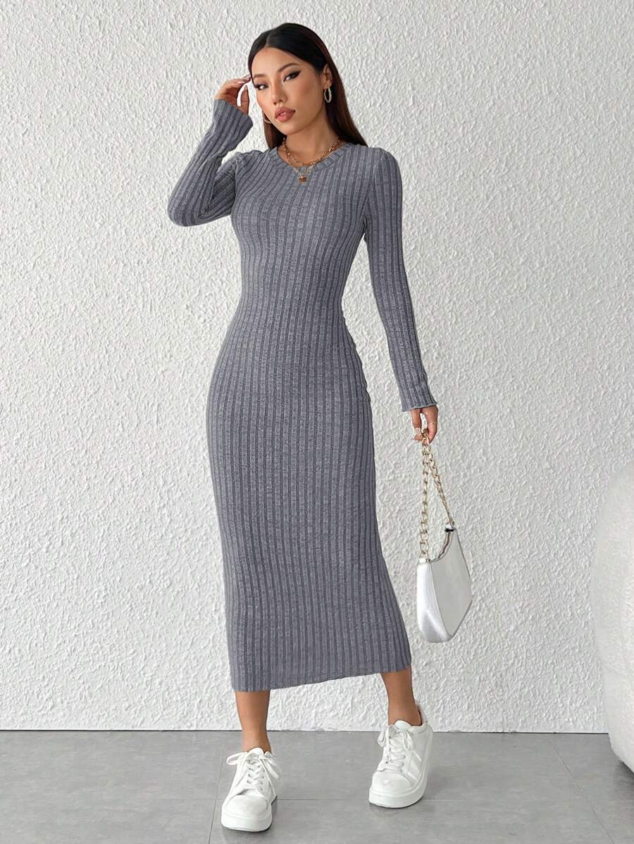 SHEIN PETITE 纯色罗纹针织紧身黑色连衣裙 - 深灰色 - 查看 1