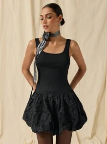 COSMINA 女士夏季时尚纯色提花拼接迷你吊带裙 - 黑色 - 查看 5