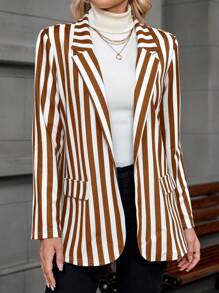 EMERY ROSE Women's Black And White Striped Long-Sleeve Blazer For Fall - Brown - View 4