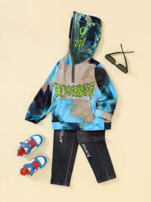 YOUNG BOY 街头大胆风格熊脸和口号刺绣细节半拉链连帽衫运动衫和全弹性腰部贴布细节破洞弹力牛仔裤两件套 - 彩色 - 查看 1