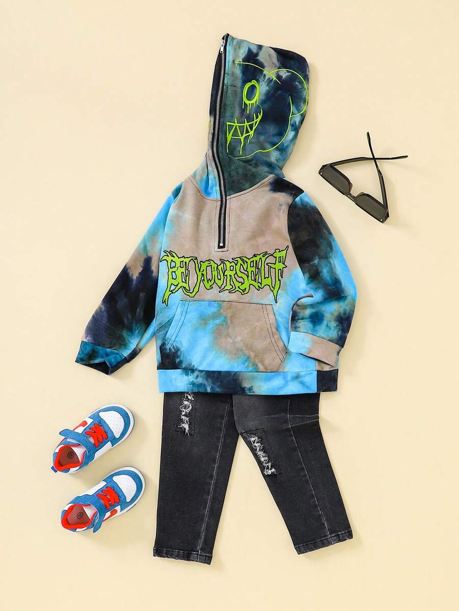 YOUNG BOY 街头大胆风格熊脸和口号刺绣细节半拉链连帽衫运动衫和全弹性腰部贴布细节破洞弹力牛仔裤两件套 - 彩色 - 查看 1